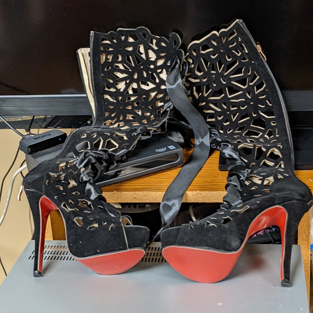 Ladies awesome lattice satin red bottom high heel boots